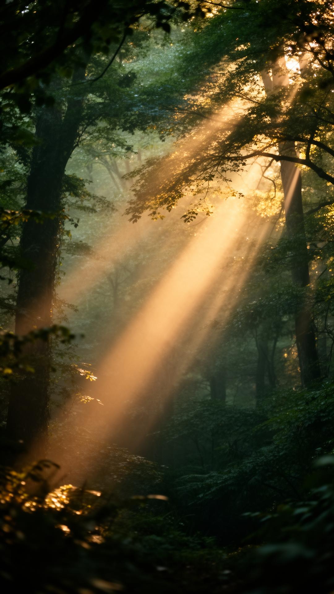 Morning light through an emerald forest canopy